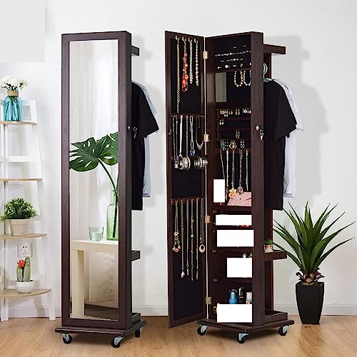 CASEGO Schmuckaufbewahrung, Ganzkörperspiegel, multifunktional, mit Rollen, kann um 360 Grad gedreht Werden, geeignet für Schlafzimmer, Wohnzimmer, Garderobe usw. (Brown A)