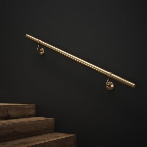 Rothley Antique Brass Stair Hand Rail Kit 1.2M - Internal Staircase Steel Banniser, KAB1200 | Includes wall brackets, end caps and Fischer wall plugs for easy assembly without drilling the rail; can be cut to length.