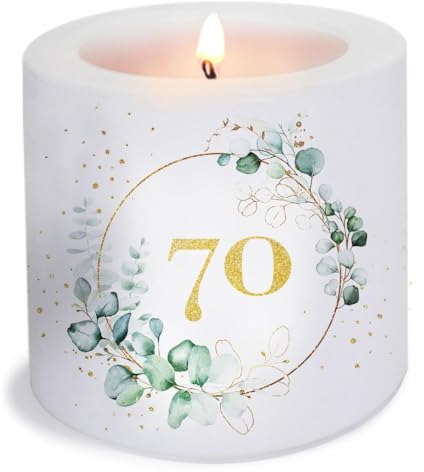 Kerze 70 Jahre als Tischdeko oder Geschenk für Geburtstag und goldene Hochzeit. Kerze mit Motiv als originelle Deko Ø8 x Höhe 7,5cm