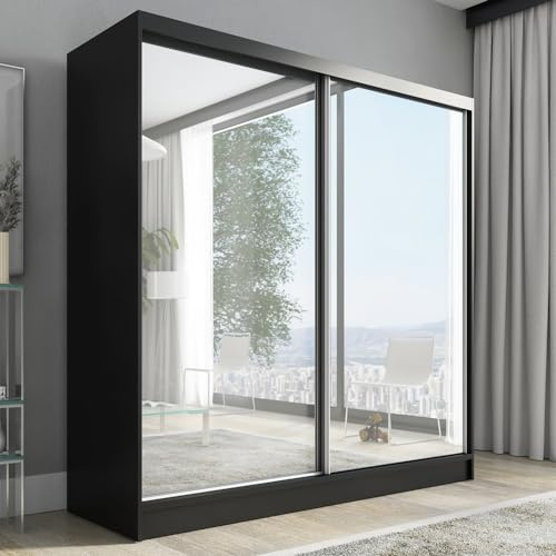 A&J MöbelLand Schwebetürenschrank Ivar Kleiderschrank 200 cm mit Spiegel und Schubladen, moderner Schlafzimmerschrank mit Schiebetüren (Schwarz)