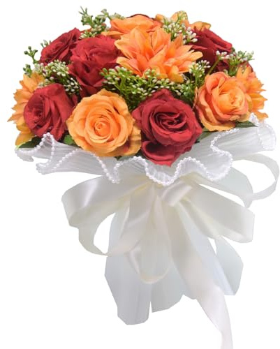 MISNODE Bouquet da Sposa con Rose Artificiali, Bouquet da Sposa per la Sposa Bouquet di Fiori Bouquet da Sposa Romantici Fatti a Mano per la Cerimonia di Nozze Anniversario(R-arancione)