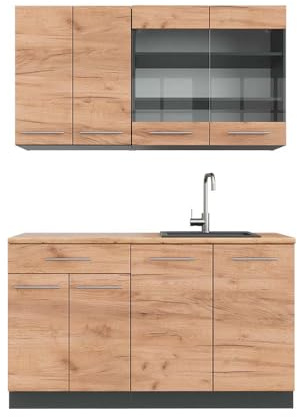 Vicco Singleküche Fame-Line, Goldkraft Eiche/Anthrazit, 140 cm | 4 Module · Höhenverstellbare Füße · AP Eiche inkl. · Robuste Fronten · Softclose · Metallgriffe