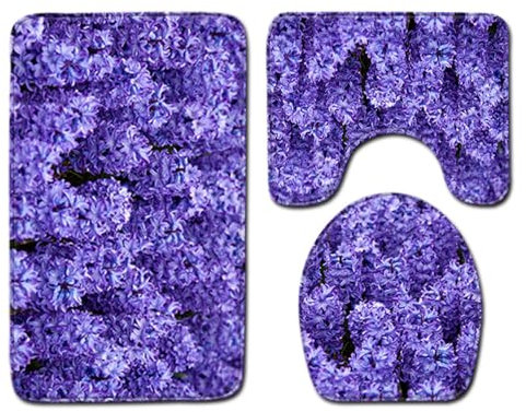 Bad Teppiche Set 3-Teiliges Lila Lavendel WC Vorleger Mit Ausschnitt Badematte Saugfähig WC Deckelbezug Badvorleger rutschfest Waschbar Toilettensitzbezug Badgarnitur (50x80cm)
