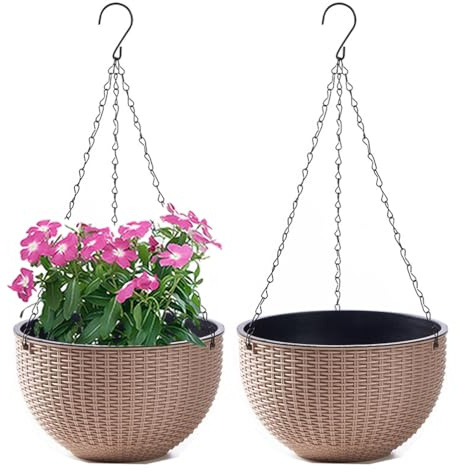 WOWEI Blumenampel Hangend 2er Set Hängeampel mit Wasserspeicher & Ablaufloch Selbstbewässerung Blumenampel Outdoor Indoor Hängeampel Pflanzen mit Ketten Blumentopf Hängepflanztöpfe (Khaki, S:2 Set)