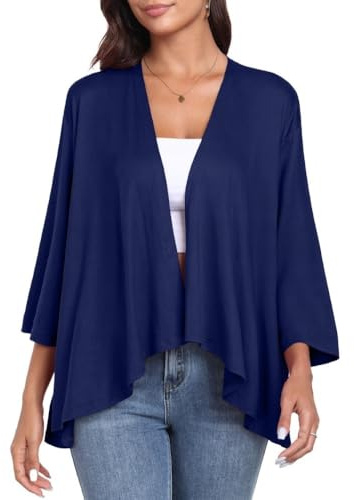 PrinStory Cárdigans para mujer ligeros de 3/4 manga larga elegante casual ligero cárdigan con alto bajo de manga, azul marino, L