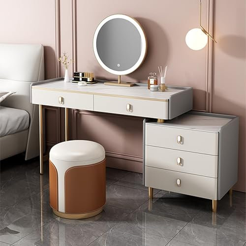 Ernqi Schminktisch Mit Beleuchtetem HD-Spiegel, 3 Beleuchtungsmodi, Schminktisch Mit Links/rechts Installierbaren Schließfach, Schminktisch Mit Stuhl Fürs Schlafzimmer (Gray,C_39.4IN)