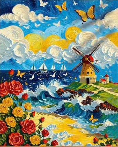 Landschaft Malen Nach Zahlen Erwachsene Bastelset, Paint by Numbers Blume Malen Nach Zahlen Anfänger, DIY Ölgemälde Leinwand Set mit 3 Set Pinsels und Farbe, Zimmer Deko 90x120cm, Geschenk für Frauen