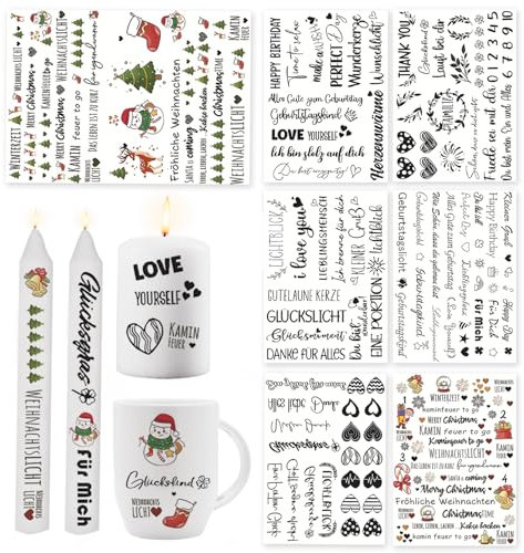 Recitem 7 PCS Kerzentattoos Weihnachten – Wasserschiebefolie für kreative Kerzen und DIY Geschenke | Kerzen Tattoo Folie für Adventskerzen | Rub On Sticker und Weihnachtsdeko (Stil 1)