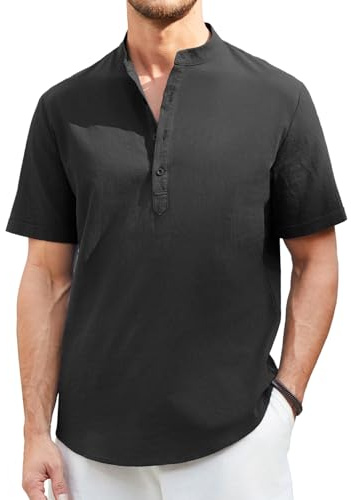 Enlision Camisa Negro Lino Hombre Verano Manga Corta Camisa Verano Hombres Cuello Mao Casual Playa Camisetas con Botónes Henley 3XL