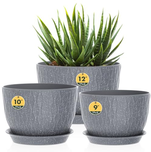 Homeuouz 3er Set Groß Breite Pflanzentopf mit Untersetzer – 30/25/22 cm Kunststoff-Blumentöpfe für Innen & Außen, mit Drainagelöchern, wasserwellige Struktur, Grau mit weißen Punkten
