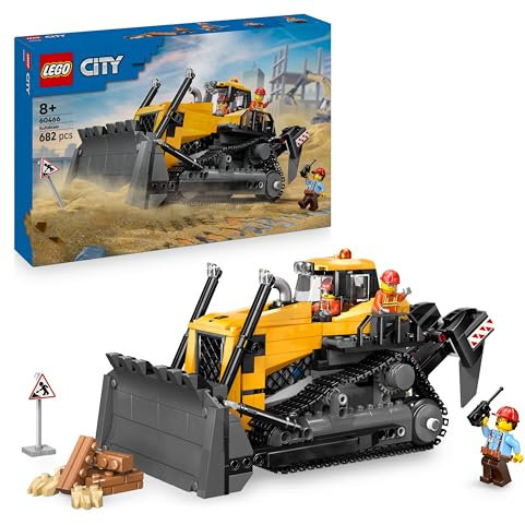 LEGO City Yellow Bulldozer Toy - Large Construction Vehicle Building Set - incl. 3 Minifigures plus Loose Bricks & Road Signs - Birthday Gift for 8+ Year Old Boys - 60466