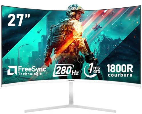 Gawfolk Écran PC 27 Pouces incurvé 280Hz Gaming Computer Moniteur, 1800R,1ms，FHD 1080p, 178 ° Grand Angle,Ultra - Mince Lunette, HDMI、DisplayPort,Compatible avec Montage Mural 100 * 100mm- Blanc