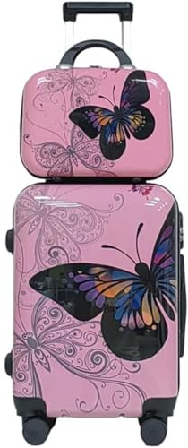 PINETAPIRS 2-Piece Expandable Hard-Shell Luggage Set with Spinner Wheels, ABS+PC Material, Includes Lockable Carry-On and Checked Suitcase, Pink Butterfly Pattern Design (14/20 Inch)