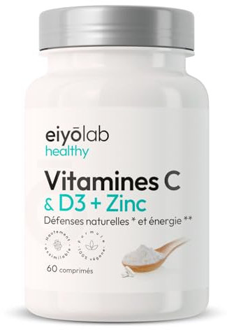 Vitamine C & D3 + Zinc Bisglycinate | Hautement Dosé | Formule Immunité et Vitalité Complète | 2 Mois de Cure par Flacon | Hautement Assimilable et Biodisponible | 60 Comprimés Vegan | Eiyolab