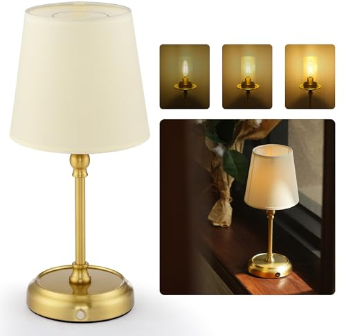 Lampade da Comodino Ricaricabili Senza Fili 5200 mAh con Lampadina Inclusa, Dimmerabili Touch, Paralume 3 in 1, Lampade da Tavolo per Soggiorno, Camera da Letto, Sala da Pranzo e Arredo Casa – Oro