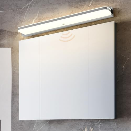LED Spiegelleuchte Bad mit Bewegungsmelder Edelstahl Spiegellampe Badezimmer Wandleuchten Wasserdicht Modern Lange Wandlampen Schlafzimmer Wohnzimmer Treppenhaus Natürliches Licht (Silbernes,62cm)
