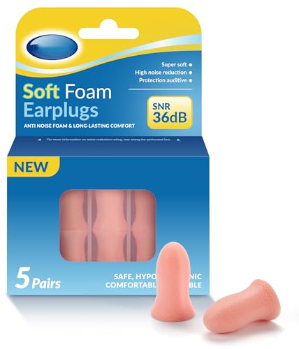 Ultra-Soft Foam Ear Plugs for Sleep:36dB Noise Blocking Foam Ear Plugs with Travel Case (5 Pairs), 60sec Slow-Expand Comfort Fit for Sleeping, Travel & Work