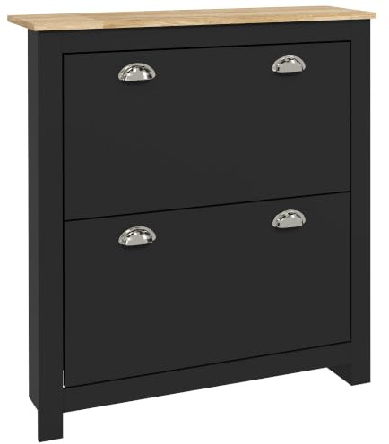 HOMCOM 2 Drawer Shoe Cabinet Modern Narrow Shoe Cupboard Hallway Wooden Storage Organiser with Flip Doors Adjustable Shelf for 6-12 Pairs, Black