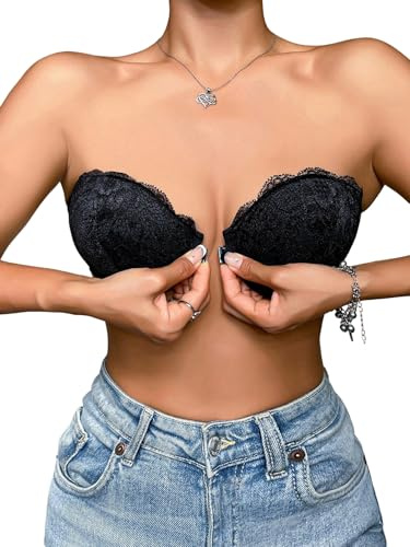 GORGLITTER Trägerloser BH Damen Push Up Spitze Bralette mit Bügel Gepolsterter Bra Verschluss Vorne BHS Bustier Unterwäsche Bandeau-BH Schwarz S