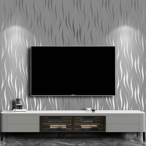 Beswitory Grey Wallpaper Modern Minimalist 3D Silver Glitter Wallpaper for Living Room Bedroom TV Backdrop Kitchen, Feature Short Wave Stripe Geometric Pattern