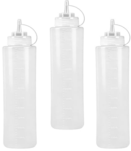 Förpackning med 3 klämflaskor, klämflaska i plast 1000 ml, klämflaska 1000 ml, klämflaska, stor såsflaska med lock, såsflaska, såsdispenser för såser, olja, kryddor, ketchupflaska