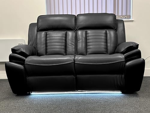 Savilla Leather Electric Recliners Sofa With Cupholders – 3+2 Seater Sofa Set – Electric Recliners – LED Lights – Wireless Charging – USB Charging & USB C Charging (Black, 2 Seater)
