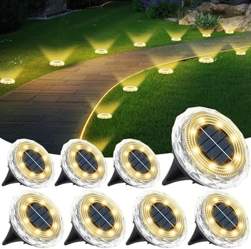 echosari 8 Pack Solar Ground Lights, Upgraded Solar Lights Outdoor Garden Waterproof Long Lasting 8 LED Solar Disk Lights for Pathway Walkway Patio Driveway (Warm White)