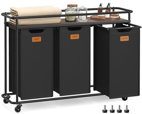 VASAGLE Laundry Sorter, Laundry Hamper with Wheels, 39.6 Gal. (150 L) Portable Rolling Cart Baskets with Shelf, 3 Removable Liners and 6 Labels, Ink Black and Chestnut Brown UBLH103BH01