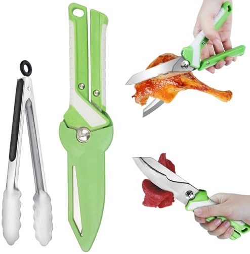 Kitchen Scissors & Knife 2-in-1, Sharp Poultry Shears with Magnetic Protective Sheath, Heavy Duty Meat Poultry Food Shears+BBQ Tongs, Dishwasher Safe German Mo-V Steel Kitchen Shears for Food BBQ