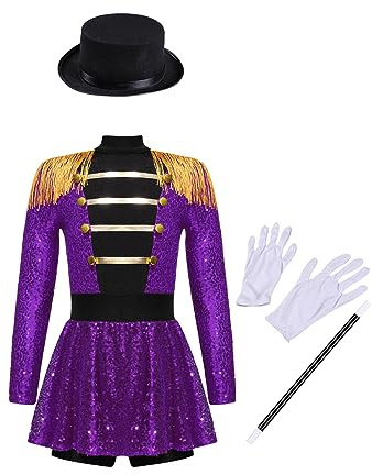 Kaerm Disfraz de director de circo para niños y niñas, vestido de danza, manga larga, vestido de ballet con sombrero, guantes, varita mágica, cascanueces, uniforme, disfraz de danza, lila, 122-128