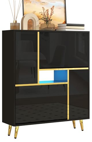Zapatero Moderno Con Tablero De Partículas, Con Puertas De Alto Brillo Y Iluminación LED Multicolor, Mueble Zapatero Con Estantes Regulables, Adecuado Para Entrada Y Pasillo, Color Negro, 80x25x96cm