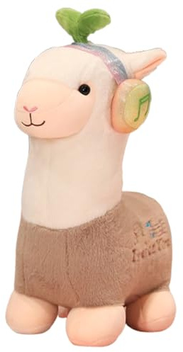JORCEDI Alpaka Kuscheltier, Stand Alpaka Plüschtier mit Mit Kopfhörer, Lama Stofftier Plüschpuppe Plushies Kissen Spielzeug, Schaf Softplüsch Lama Geschenk Für Mädchen Jungen (35cm,Braun)