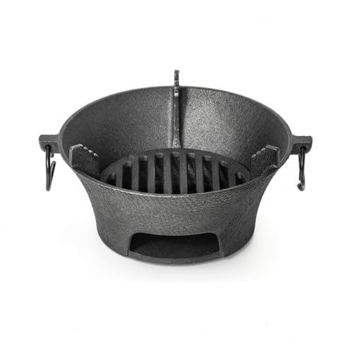 perfk Cast Iron Burner With Internal Grate Briquette Rack Metal Clamp And Side Handles For camping courtyard gatherings small kitchens tea service food warming, 23cm