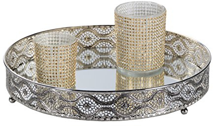 DRULINE Ø 26 cm Spiegeltablett - Tablett - Dekotablett - Make up Organizer - Kerzentablett – Schmuckspiegel – Kosmetikspiegel - Metall Silber/Spiegel - Geschenkidee