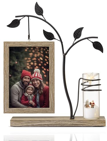 Afuly Bilderrahmen 10x15 Holz Vintage Fotorahmen Natur Braun Picture Frame mit Vase und Metall Baum Tisch Deko Geburtstag Umzug Graduation Hochzeit Geschenke für Frauen Mama Oma Freunde Famili Couple