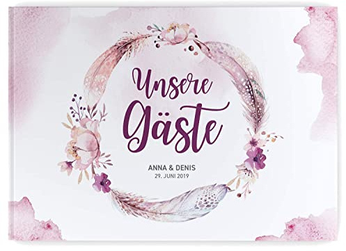 DeinWeddingshop Gästebuch zur Hochzeits - PERSONALISIERT mit Namen & Datum - Hardcover Buch, 104 Seiten, DIN A4 quer | Hochzeitsgästebuch (Inhalt weiße Seiten - blanko, Boho Love)