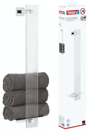 tesa ELEGAANT Handtuchhalter Gäste-WC - 180 mm x 668 mm x 128 mm | Rostfreier Gästehandtuchhalter zur Wandbefestigung ohne Bohren - aus verchromtem Metall - inkl. Klebelösung