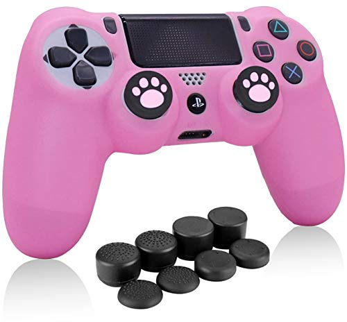 HLRAO PS4 Controller Skin Rose, Anti-Slip Grip Housse de Protection en Silicone Compatible pour PS4/Slim/Pro Manette de Jeu sans Fil/Filaire avec 8 x FPS Pro Thumb Grip Caps + 2 Cat Paw Caps.