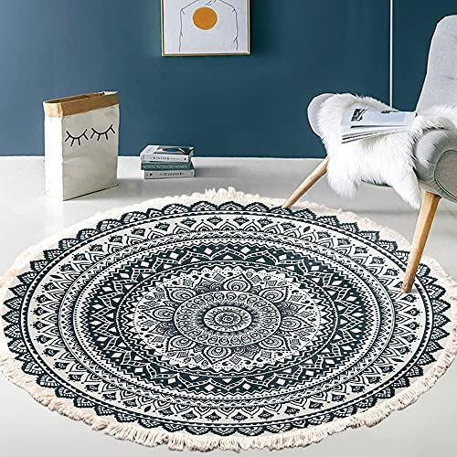 Vintage Boho Baumwolle Teppiche Mandala Muster Waschbar Handgewebte Böhmische Runder Teppich mit Quasten für Schlafzimmer Flur Wohnzimmer Couchtisch Fußmatten,Waschmaschinenfest,60CM Blumen #1