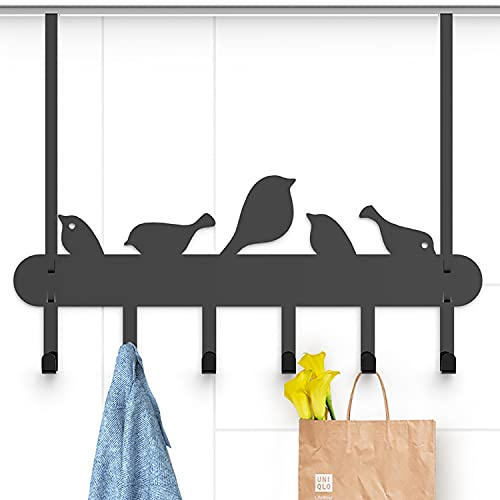 Crochet de porte robuste à suspendre sur une porte, organiseur de serviettes, 6 crochets, facile à installer pour serviette, manteau, sac, peignoir – salon, vestiaire, salle de bain, motif oiseau