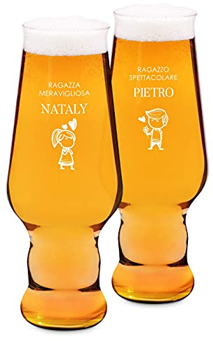 Maverton set x2 Bicchieri per la Birra, particolari, in vetro | Personalizzazione su misura, 400ml, H20cm x Ø7,8cm, Perfetti per ogni coppia amante della buona Birra, bimba e bimbo