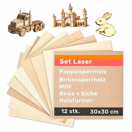 Kontrasti Lot de 12 panneaux de contreplaqué en bois 30 x 30 cm et placage - peuplier, bouleau, MDF, chêne - pour modélisme, pyrographe bois, passe-temps et gravure laser