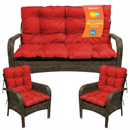 SuperKissen24. Sitzkissen Bankkissen Bankauflage - 100x50 cm und Rückenlehne 100x60 cm mit 2er 48x96 cm Stuhlkissen Set - Outdoor und Indoor - Rot