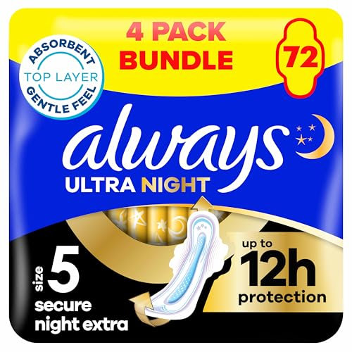 Always Ultra Sanitary Towels Secure Night Extra (Size 5) with Wings 18 Pads, Super Absorbent and Ultra Thin, for Menstrual Periods, Pack of 4