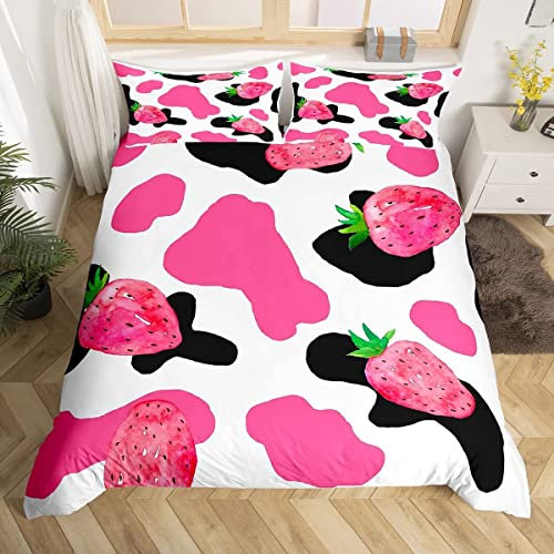 Funda Nordica Cama 135/150 Fresa Roja Juego de Cama Frutas de Microfibra Suave Impresión 3D Color de La Vaca Lechera Funda Edredon 220x240 cm + 2 Fundas de Almohada 50x80 cm