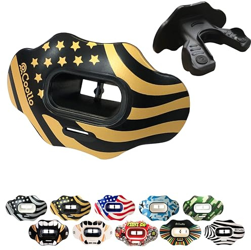 COOLLO SPORTS Lip Guard Mouthguard MAXX/Might Football and High Impact Sports Lip Protector for Adults & Youth (Strap Included) (American Flag -Gold -(One Layer), Without Case (Adult 8+))