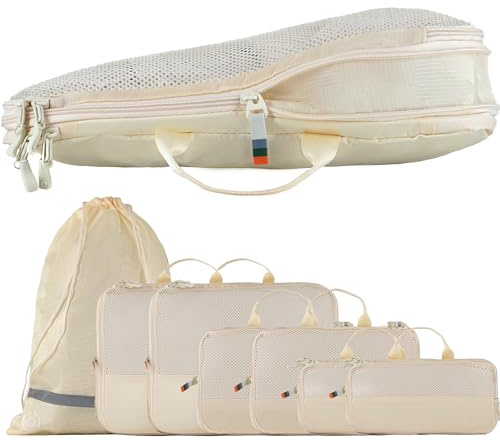 TRAVEL DUDE Organizador Maleta con Compresión – Packing Cubes de Viaje, Bolsas Organizadoras Maleta para Ropa, Organizadores de Maletas y Mochila de Viaje (Beige Arena, 7 piezas)