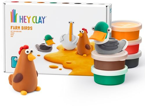 Hey Clay Bauernhofvögel: Ente, Gans, Henne Set – bunte Modellierung Kinder – lufttrocknender Ton Kit 6 Dosen mit lustiger interaktiver Anleitung App