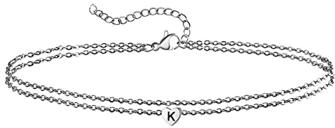 Daesar Fusskettchen Edelstahl Damen, Fußkette 30CM Verlängerung Doppelte Schichten Gliederkette mit Herz Gravur Buchstabe K, Fußkettchen Urlaub Fußkette Personalisiert Silber