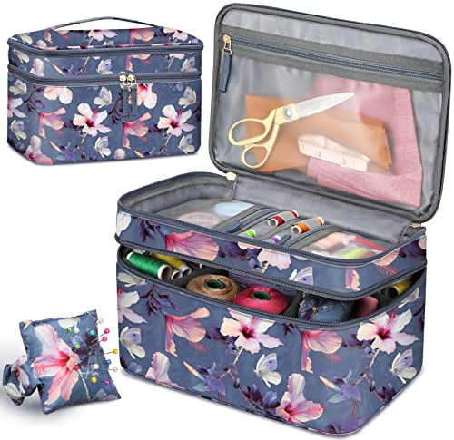 FINPAC Bolsa para Kit de Costura, Doble Capa Organizador de Accesorios de Costura, Costurero Grande para hilo, agujas, tijeras y otras herramientas de costura (Solo Bolsa) (Blooming Hibiscus)